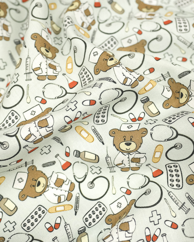 Coton imprimé Ourson medecin Oekotex - Mercerine