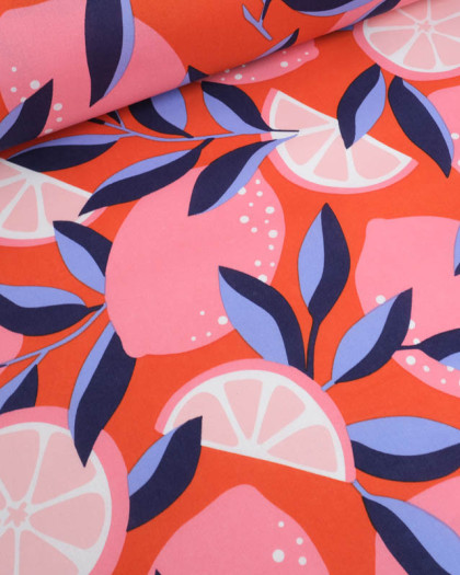 Tissu Déperlant Orange Sanguine Motif Citron Rose - Mercerine
