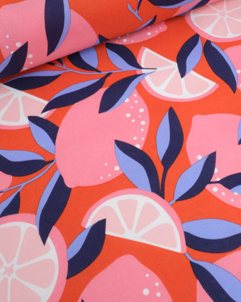 Tissu Déperlant Orange Sanguine Motif Citron Rose - Mercerine