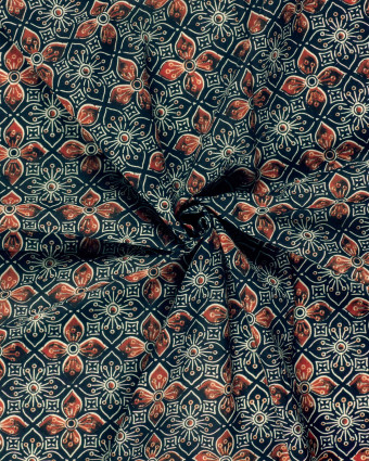 Voile de Coton  Esprit Indien Indigo Fleurs Rouges - Mercerine