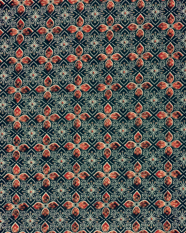 Tissu Indien : Voile de Coton  Indigo Fleurs Rouges - Mercerine