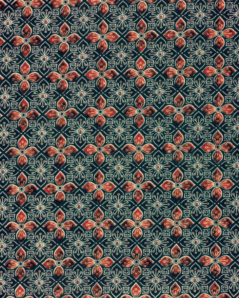 Tissu Indien : Voile de Coton  Indigo Fleurs Rouges - Mercerine