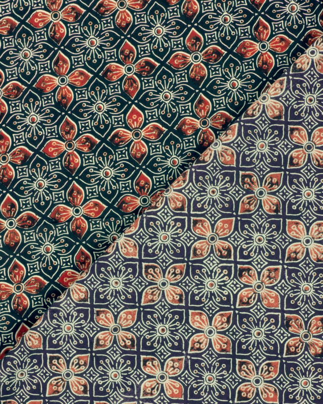 Tissu Indien : Voile de Coton  Indigo Fleurs Rouges - Mercerine