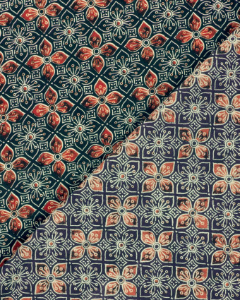Tissu Indien : Voile de Coton  Indigo Fleurs Rouges - Mercerine