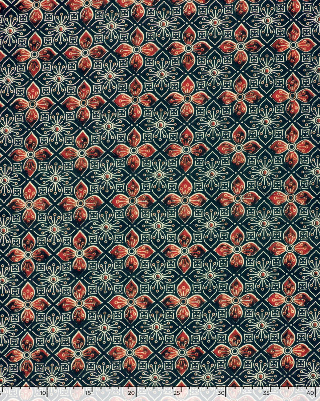 Tissu Indien : Voile de Coton  Indigo Fleurs Rouges - Mercerine