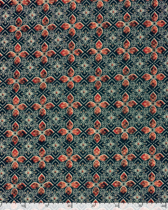 Tissu Indien : Voile de Coton  Indigo Fleurs Rouges - Mercerine