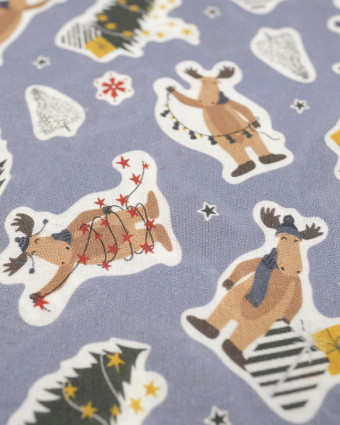 Tissu Noël Stickers rennes fond Gris Bio OekoTex - Mercerine
