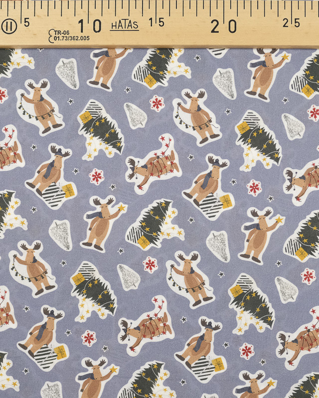 Tissu Noël Stickers rennes fond Gris Bio OekoTex - Mercerine