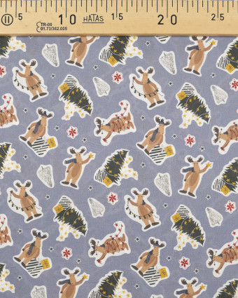 Tissu Noël Stickers rennes fond Gris Bio OekoTex - Mercerine