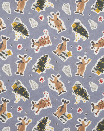 Tissu Noël Stickers rennes fond Gris Bio OekoTex