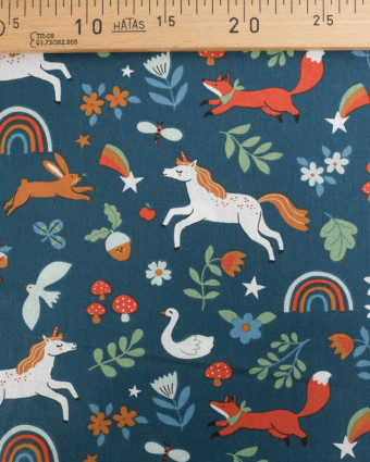 Cretonne de Coton Pétrole Motif Licorne - Mercerine