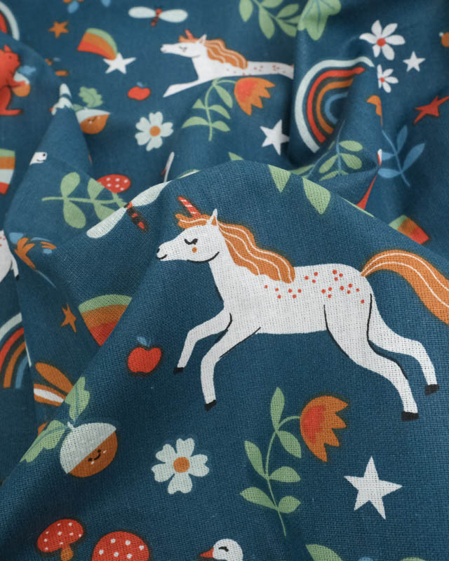 Cretonne de Coton Pétrole Motif Licorne - Mercerine