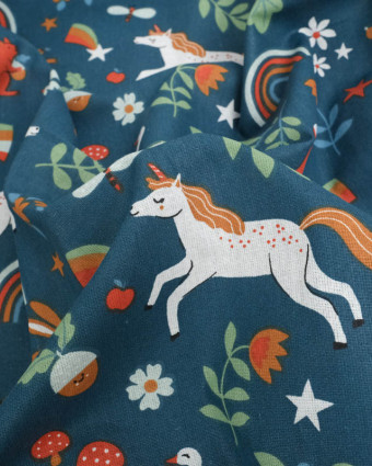 Cretonne de Coton Pétrole Motif Licorne - Mercerine