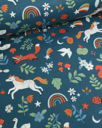 Cretonne de Coton Pétrole Motif Licorne - Mercerine