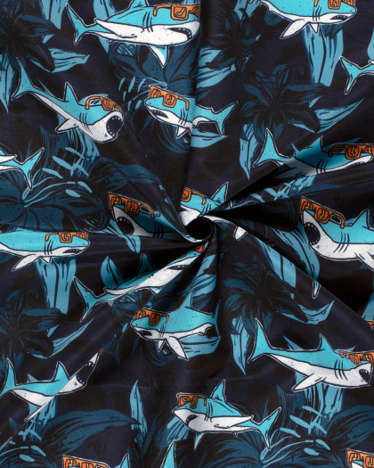 Tissu Short de Bain Déperlant Imprimé Requins Bleus - Mercerine