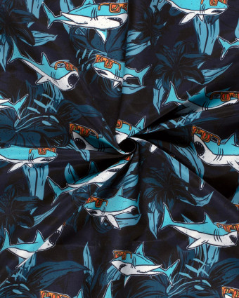 Tissu Short de Bain Déperlant Imprimé Requins Bleus - Mercerine