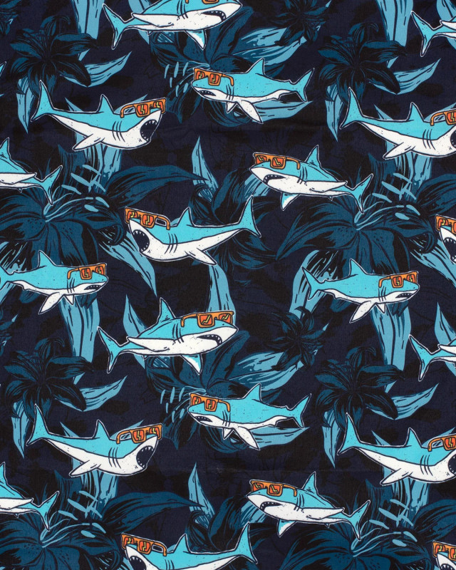 Tissu Short de Bain Déperlant Imprimé Requins Bleus - Mercerine