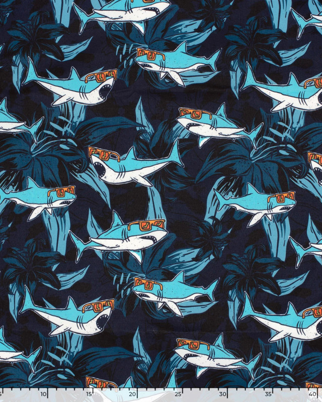 Tissu Short de Bain Déperlant Imprimé Requins Bleus - Mercerine