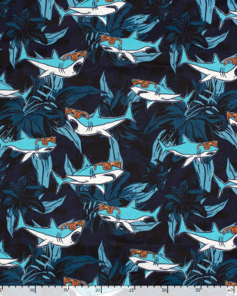 Tissu Short de Bain Déperlant Imprimé Requins Bleus - Mercerine
