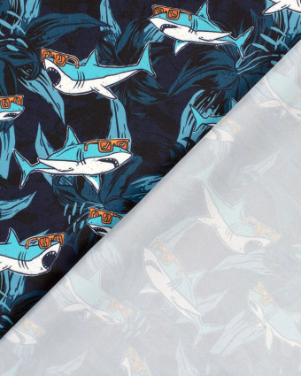 Tissu Short de Bain Déperlant Imprimé Requins Bleus - Mercerine
