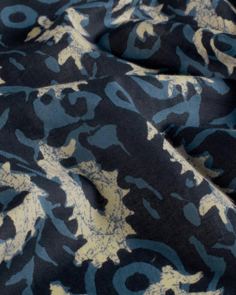 Tissu Indien : Voile de Coton  Bleu Foncé Motif Abstrait Beige - Mercerine