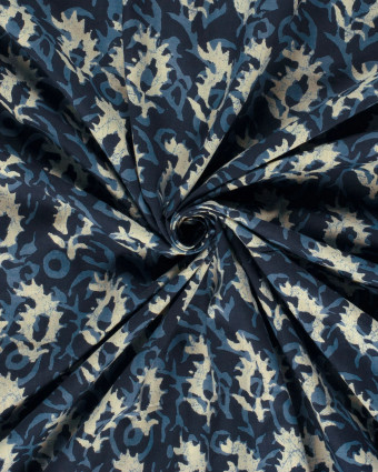 Voile de Coton Esprit Indien Bleu Foncé Motif Abstrait Beige - Mercerine