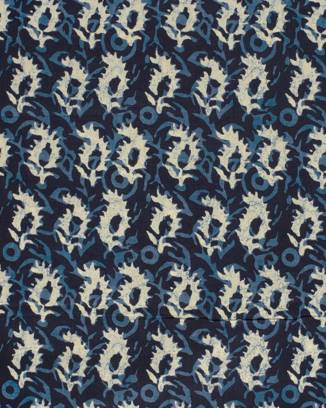 Tissu Indien : Voile de Coton  Bleu Foncé Motif Abstrait Beige - Mercerine