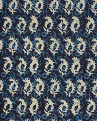 Tissu Indien : Voile de Coton  Bleu Foncé Motif Abstrait Beige - Mercerine