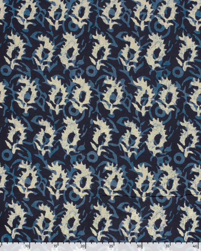 Tissu Indien : Voile de Coton  Bleu Foncé Motif Abstrait Beige - Mercerine