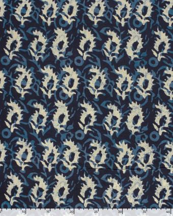 Tissu Indien : Voile de Coton  Bleu Foncé Motif Abstrait Beige - Mercerine