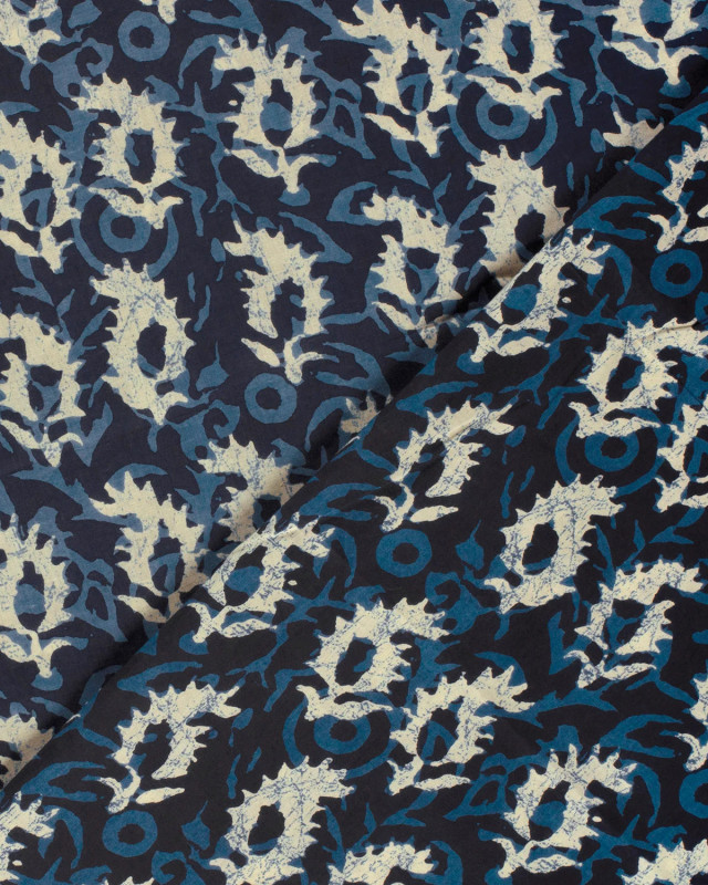 Tissu Indien : Voile de Coton  Bleu Foncé Motif Abstrait Beige - Mercerine