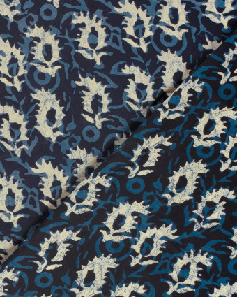 Tissu Indien : Voile de Coton  Bleu Foncé Motif Abstrait Beige - Mercerine