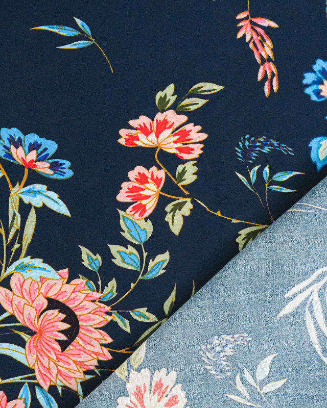 Popeline de Viscose Imprimée Floa Bleu Marine - Mercerine