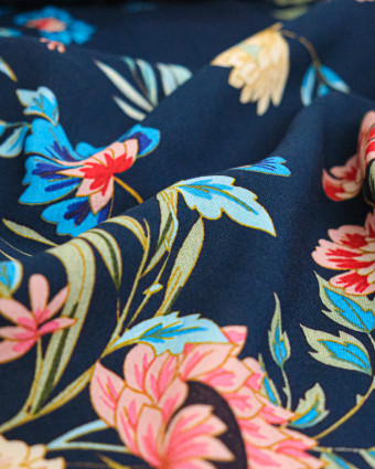 Popeline de Viscose Imprimée Floa Bleu Marine - Mercerine