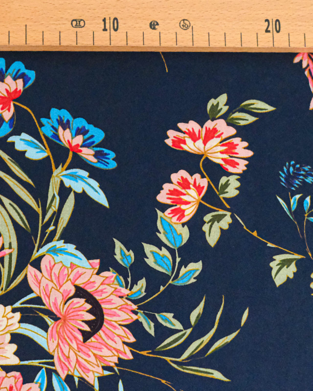 Popeline de Viscose Imprimée Floa Bleu Marine - Mercerine