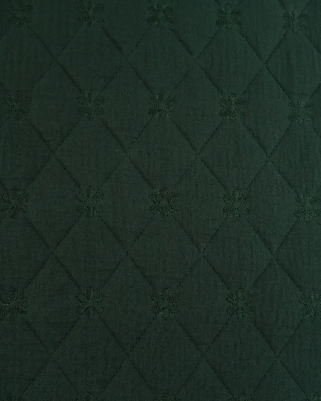 Tissu Double Gaze Matelassé Broderie Fleurs Vert Forêt - Mercerine