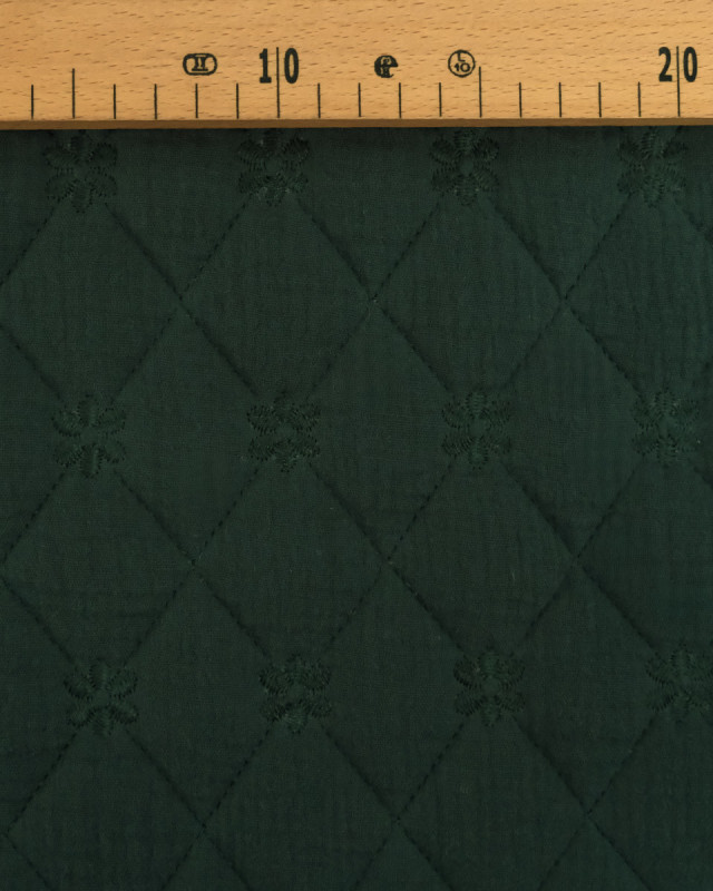 Tissu Double Gaze Matelassé Broderie Fleurs Vert Forêt - Mercerine