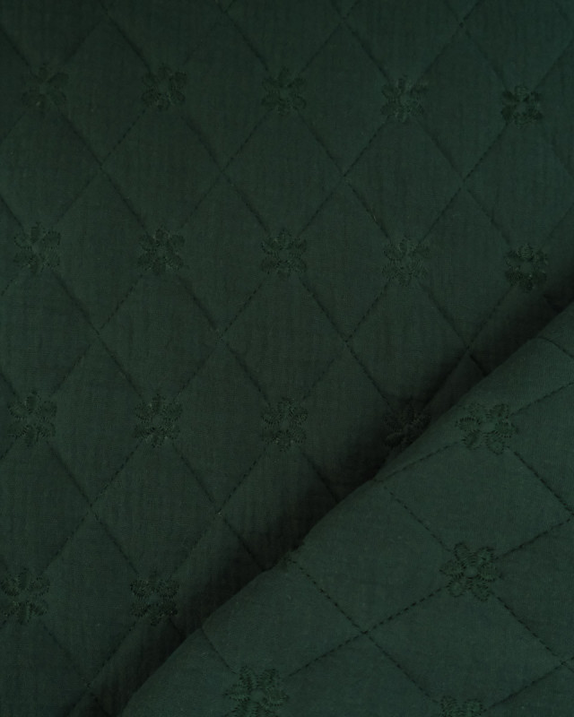 Tissu Double Gaze Matelassé Broderie Fleurs Vert Forêt - Mercerine