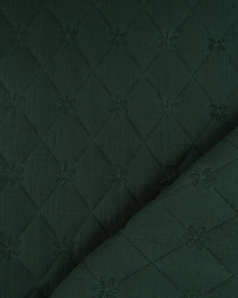 Tissu Double Gaze Matelassé Broderie Fleurs Vert Forêt - Mercerine