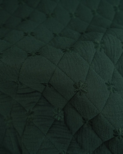 Tissu Double Gaze Matelassé Broderie Fleurs Vert Forêt - Mercerine