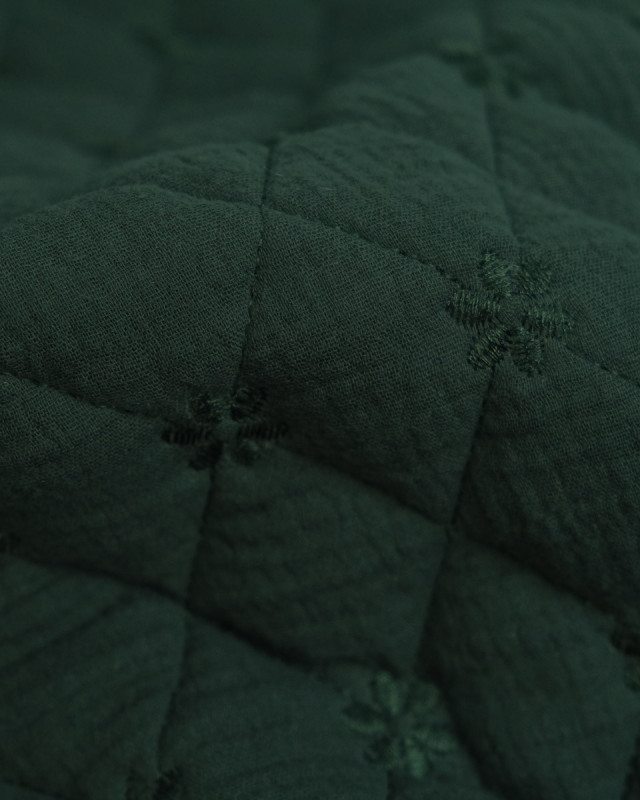 Tissu Double Gaze Matelassé Broderie Fleurs Vert Forêt - Mercerine
