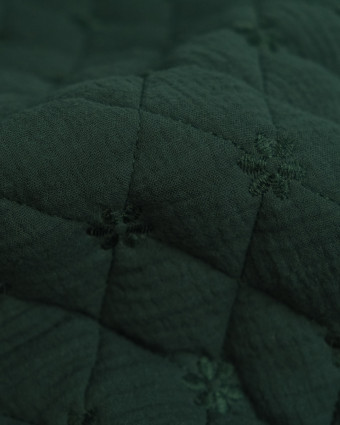 Tissu Double Gaze Matelassé Broderie Fleurs Vert Forêt - Mercerine