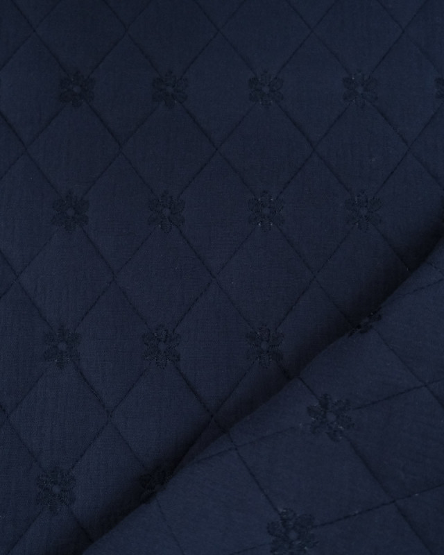 Tissu Double Gaze Matelassé Broderie Fleurs Navy - Mercerine