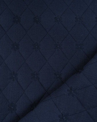 Tissu Double Gaze Matelassé Broderie Fleurs Navy - Mercerine