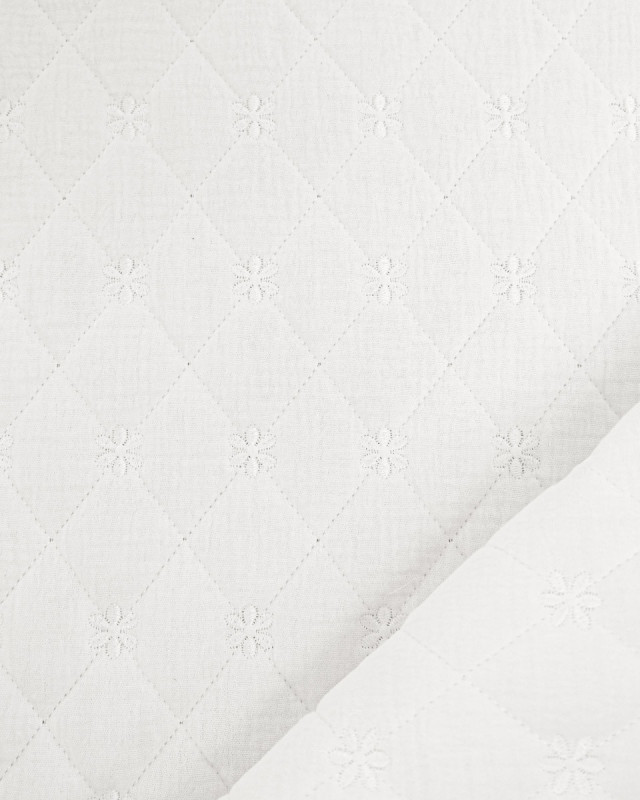 Tissu Double Gaze Matelassé Broderie Fleurs Blanc - Mercerine
