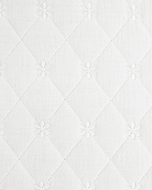 Tissu Double Gaze Matelassé Broderie Fleurs Blanc - Mercerine