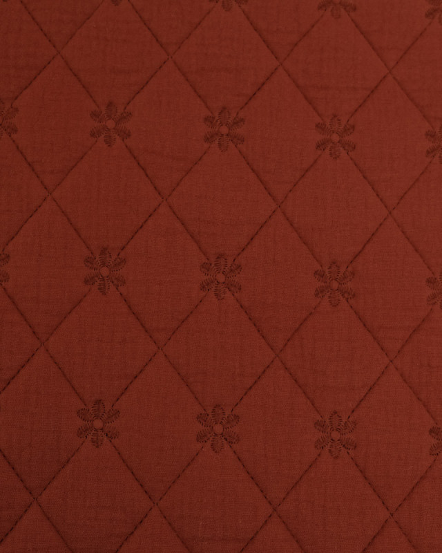 Tissu Double Gaze Matelassé Broderie Fleurs Terracotta - Mercerine