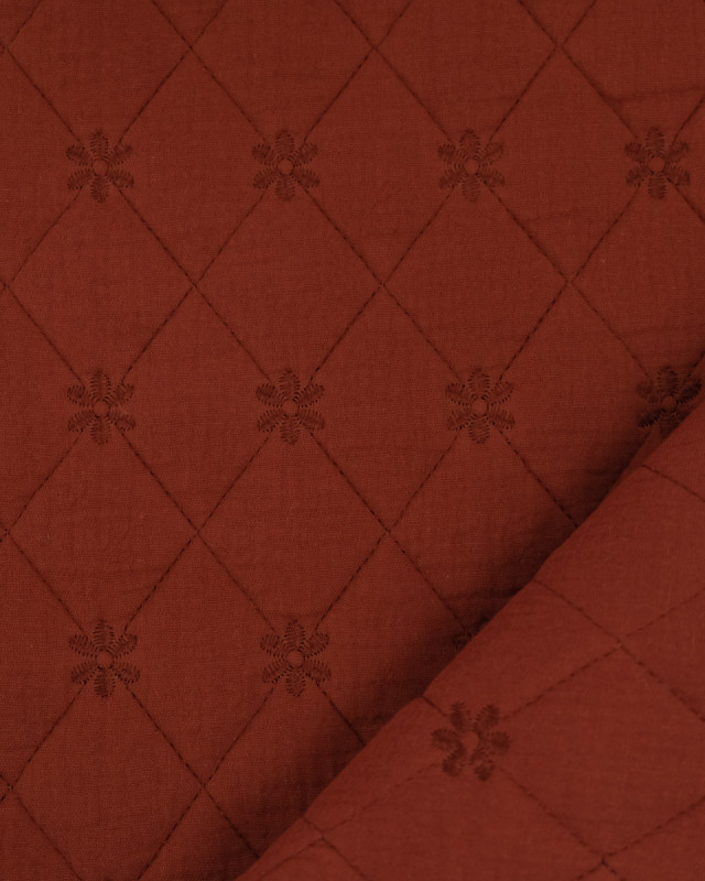 Tissu Double Gaze Matelassé Broderie Fleurs Terracotta - Mercerine