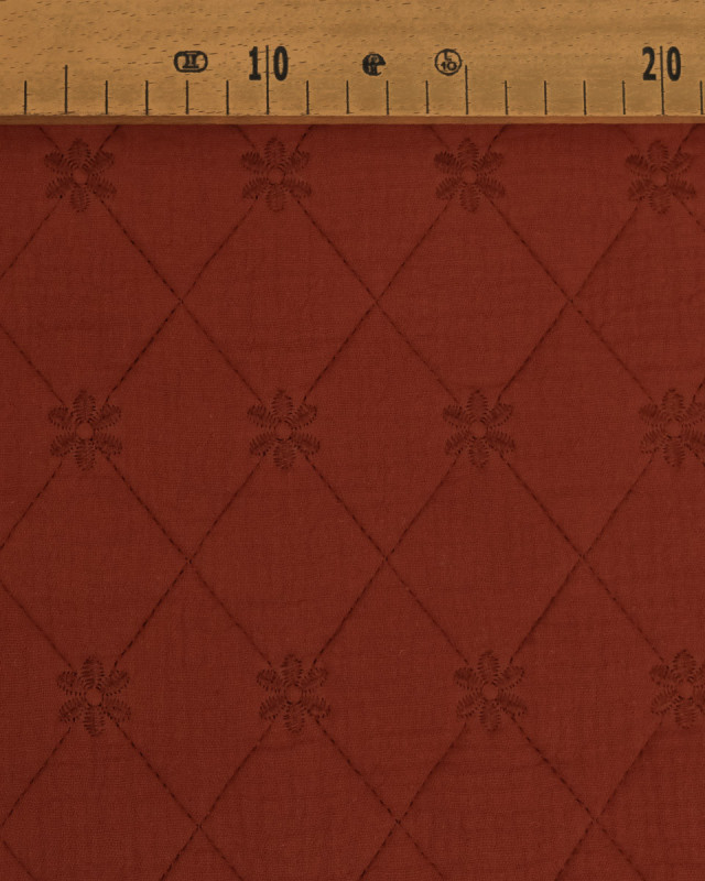 Tissu Double Gaze Matelassé Broderie Fleurs Terracotta - Mercerine