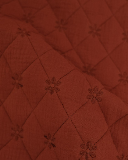 Tissu Double Gaze Matelassé Broderie Fleurs Terracotta - Mercerine